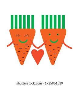 two orange carrots hold hands between them love heart, doodle vector illustration
