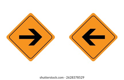 Two orange diamond traffic signs featuring black left and right arrows. Ideal for illustrating road direction, traffic control, and driving safety in educational content.