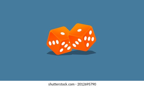 Two orange dices with white pips. Falling dices isolated on blue background. Casino, gambling, probability, odds, betting concepts.