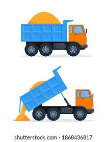 Two orange dump trucks with blue closed and open body with sand. Vector illustration on white background.