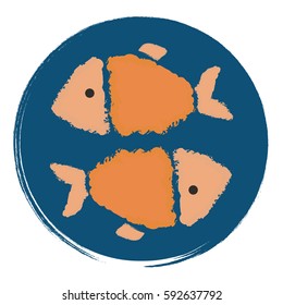 Two orange fish in a blue circle. Printing and badge applique label for t-shirts, clothing.