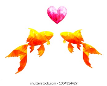 Two orange goldfishes isolated on white background with pink heart, bright yellow lowpoly fish swimming, glitter gold pet illustration. - Vector