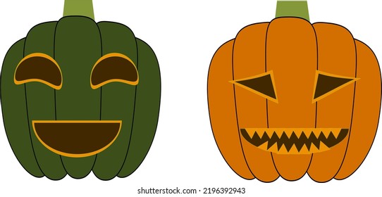 Two orange and green pumpkin lanterns
