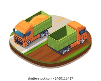 Dos volquetes de juguete anaranjados y verdes sobre una base redonda, estilo de ilustración isométrica, sobre un fondo blanco, concepto de transporte. Ilustración vectorial