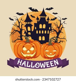 Two orange Halloween lantern pumpkins on the background of a haunted house at night, a flying bat, a big moon, magical trees. Vector illustration.
