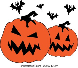 two orange halloween pumpkins with black bats
