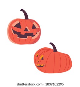 Two orange Halloween pumpkins with a happy face on a white background. Pumpkin lantern. Halloween holiday. Vector illustration.