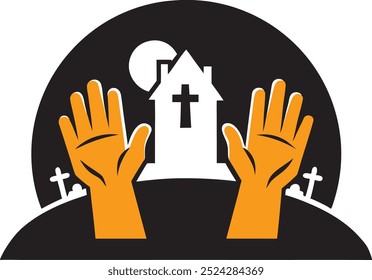 Duas mãos laranjas erguendo-se do túmulo em oração - Símbolo de Igreja de Halloween