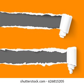 Two orange hole in paper with a paper roll over dark background with space for text. Realistic vector torn damaged paper with ripped edges. Torn paper design