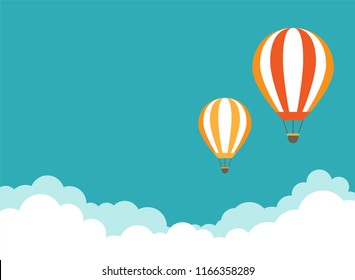 Two orange hot air balloon flying in the blue sky and clouds  Flat cartoon horizontal background  Vector background  