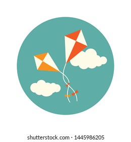 two orange kites with clouds in blue circle.  Flat cartoon design. Fantasy, creative, freedome. Vector background. 
