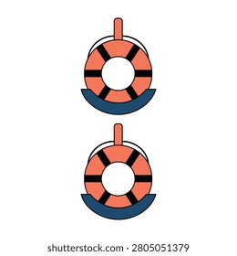 Two orange life preservers with black stripes floating on water surface, safety concept