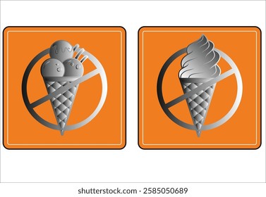 Two orange prohibition signs representing a ban on ice cream and frozen desserts.