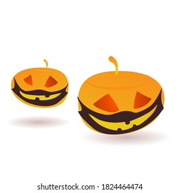 Two orange pumpkins in dark masks with painted mouths on a white background. Pumpkins for halloween, flat illustration.