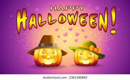 Two orange pumpkins in hats with hearts, with cobwebs and the inscription HAPPY HALLOWEEN on a horizontal pink background. Love and humor, romance, love. Happy Valentine's Day. Vector illustration.
