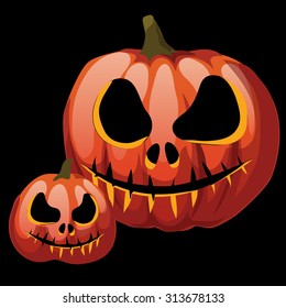Two orange pumpkins. Mask of pumpkins for Halloween. Vegetable harvest. Vector.
