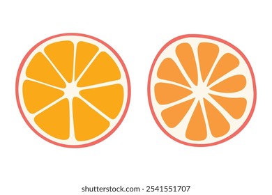 Two orange slices, one yellow and one peach, against a white background.