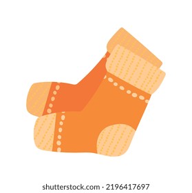 Two orange socks. Sticker for social media, graphic element for website. Warm clothing to protect against cold weather. Autumn and winter seasons. Style and fashion. Cartoon flat vector illustration