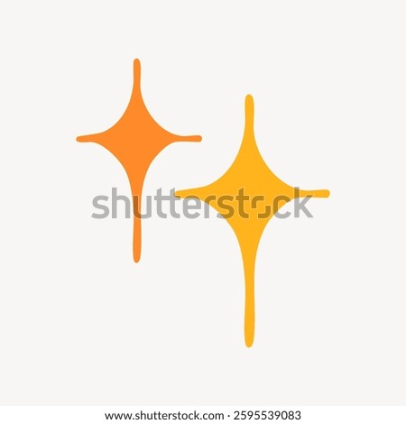 Two orange star-shaped sparkles on a light background. Bright sparkles add a touch of shine. Simple sparkle design for a clean, minimalist look. Doodle illustration vector.