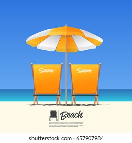 Two orange summer beach chair in back view and orange beach umbrella. Blue gradient sky background . Vector Illustration.