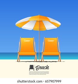 Two orange summer beach chair in front view and orange beach umbrella. Blue gradient sky background . Vector Illustration.