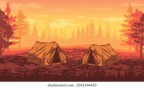 Two orange tents are set up in a forest clearing during a stunning sunset. The sky displays warm hues of orange and pink while tall trees frame the scene.