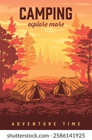 Two orange tents are set up in a serene campsite surrounded by tall trees. A beautiful sunset casts warm colors across the sky enhancing the outdoor adventure experience.