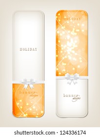 Two orange vector festive banners collection with sparkling background and white silky ribbon bow knots
