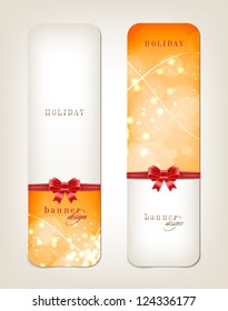 Two orange vector festive banners collection with sparkling background and red silky ribbon bow knots
