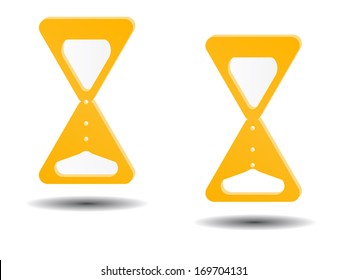 Two orange volume icons of almost full and almost empty hourglasses with shadows. Vector illustration