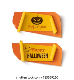 Two orange and yellow, Halloween, treat or trick abstract banners isolated on white background.  Template for greeting card, brochure or poster. Vector illustration.