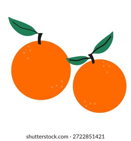 Zwei Orangen Zitrusfrüchte Illustration im flachen Stil mit grünen Blättern, ein frisches und gesundes Nahrungselement perfekt für Sommer-Designs, Bio-Ernährung Konzepte, Frühstück Visuals und einfache minimalistische Grafiken