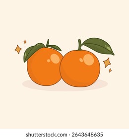 Two oranges cute design illustration with green leaves 