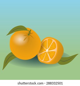 Two oranges, one cut in half