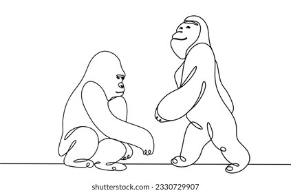 Two orangutans in different poses. One line drawing for different uses. Vector illustration.