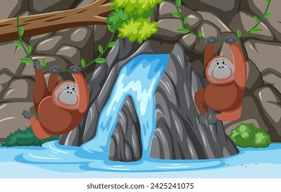 Two orangutans relax near a serene waterfall