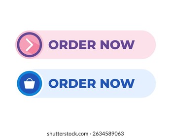 Dois botões Order Now (Solicitar agora) para uso em comércio eletrônico. O botão rosa apresenta um ícone de seta para a frente, enquanto o azul mostra um ícone de saco de compras.ideal para dirigir compras em plataformas digitais