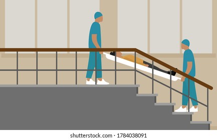 
Two orderlies hold stretcher with female character on stairs