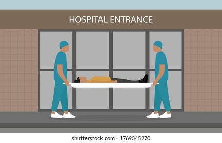 Two orderlies are holding a stretcher with a female character near the hospital entrance 