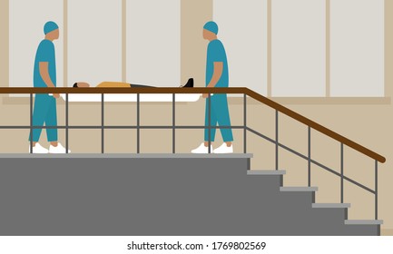 Two orderlies on a stairwell hold a stretcher with a female character