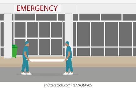 Two orderlies in uniform with empty stretchers in their hands are standing at the entrance to the emergency department