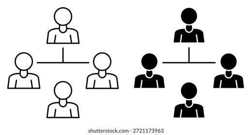Dois ícones de organograma, um contornado e um preto sólido, ilustrando uma estrutura hierárquica com um líder e subordinados.