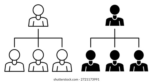 Two organizational charts, one outlined and one solid black, depict a hierarchical structure with a single leader at the top and three subordinates below.