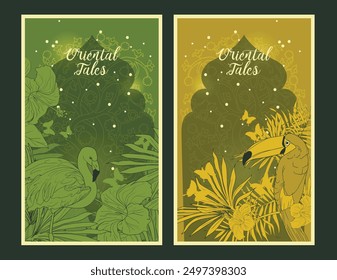 Two oriental cards with natural tropical frame and traditional oriental archway, vector illustration
