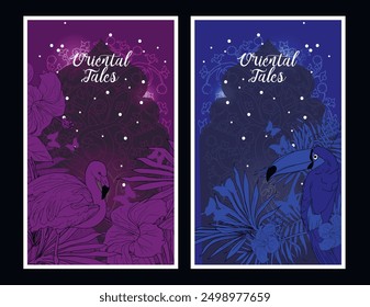 Two oriental cards with natural tropical frame and traditional oriental archway, vector illustration