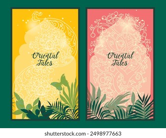 Two oriental cards with natural tropical frame and traditional oriental archway, vector illustration
