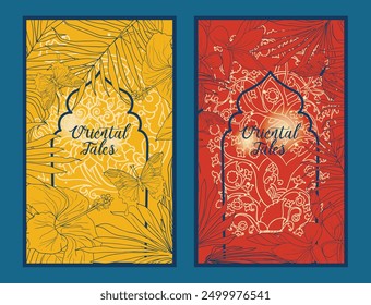Two oriental cards with natural tropical frame and traditional oriental archway, vector illustration