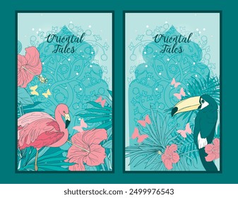 Two oriental cards with natural tropical frame and traditional oriental archway, vector illustration