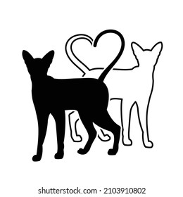 Two oriental cats black and white silhouette and outline vector illustration