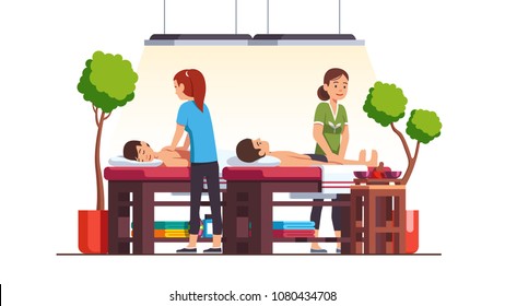 Two oriental spa salon massage therapist women massaging men lying down relaxing on table. Luxury cabinet with towels, shelves, plants. Massage room decoration, furniture. Flat vector illustration